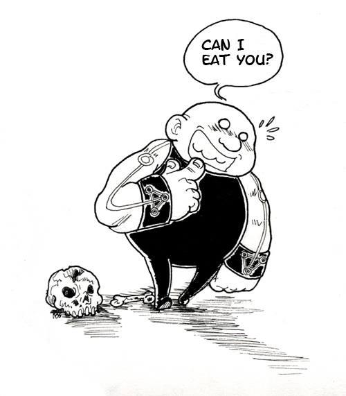 gluttony, fullmetal alchemist, sin, english, homunculus, ^^^, bald, blush, bone, fat, grin, monochrome, obese, skull, smile, solo, speech bubble, vore