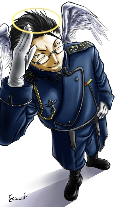 maes hughes, fullmetal alchemist, spoilers, 00s, 1boy, angel, beard, black hair, facial hair, foreshortening, from above, glasses, gloves, halo, hughes, male focus, military, military uniform, perspective, salute, simple background, solo, traditional halo, white background, wings