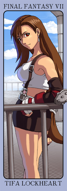 risachantag, tifa lockhart, final fantasy, final fantasy vii, square enix, long image, tall image, 1990s (style), 1girl, brown eyes, brown hair, character name, copyright name, crop top, earrings, elbow pads, female focus, jewelry, long hair, low-tied long hair, midriff, pencil skirt, railing, retro artstyle, skirt, solo, suspender skirt, suspenders, tank top, very long hair