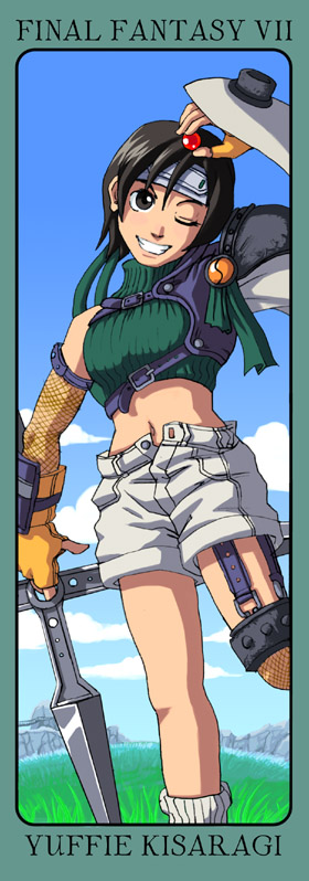 risachantag, yuffie kisaragi, final fantasy, final fantasy vii, long image, tall image, 1990s (style), 1girl, character name, copyright name, female focus, headband, materia, retro artstyle, shuriken, sleeveless, sleeveless turtleneck, solo, turtleneck, weapon