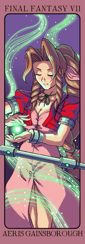 risachantag, aerith gainsborough, final fantasy, final fantasy vii, square enix, long image, tall image, 1990s (style), 1girl, bow, character name, copyright name, cropped jacket, dress, female focus, jacket, magic, pink bow, pink dress, retro artstyle, solo