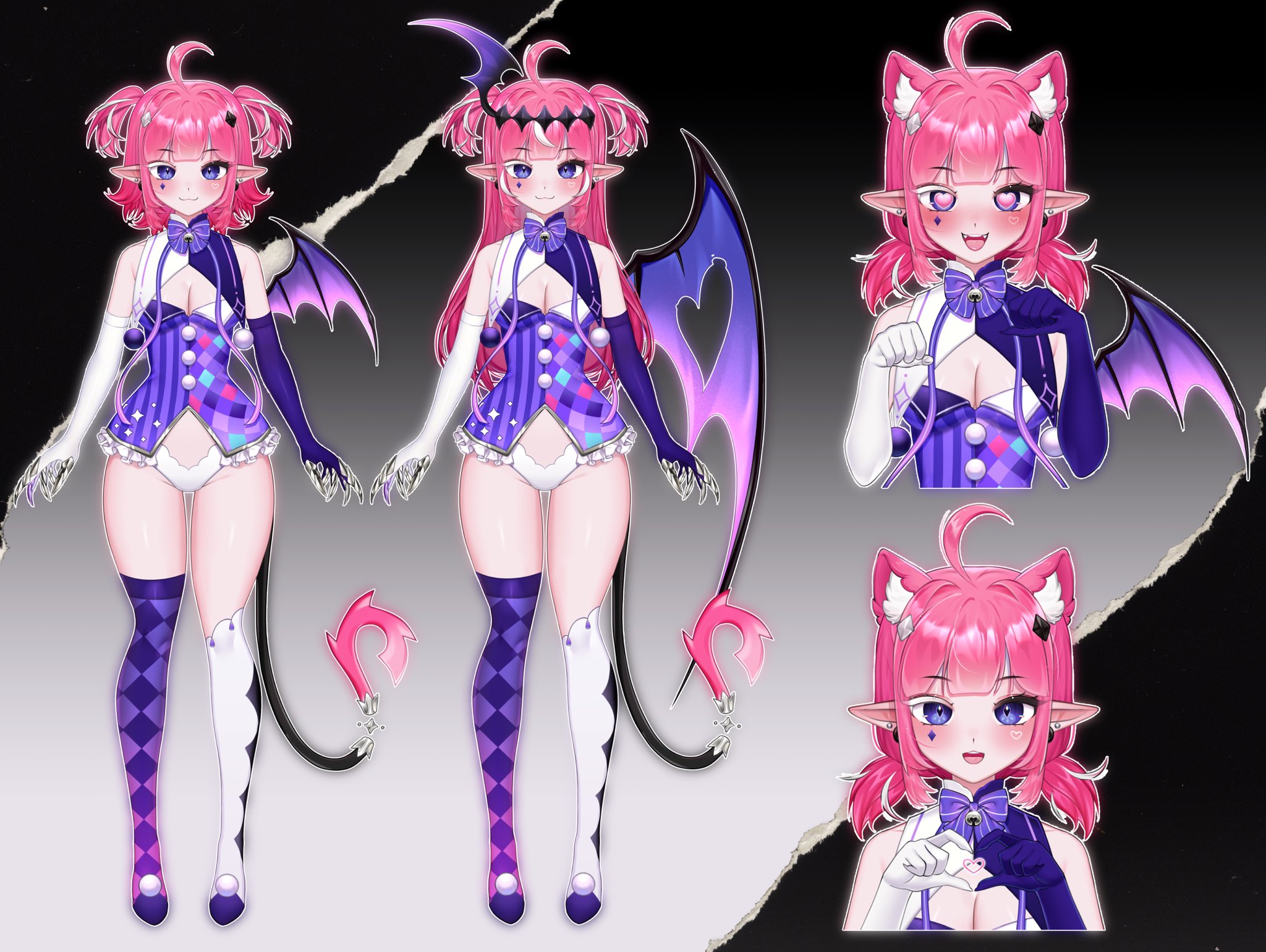 blinchii, camila (vtuber), indie virtual youtuber, commission, highres, 1girl, ahoge, animal ear fluff, bell, bow, bowtie, breasts, cleavage, closed mouth, diamond facial mark, diamond hair ornament, earrings, elbow gloves, facial mark, gloves, head wings, heart, heart-shaped pupils, heart facial mark, heart hands, jewelry, long hair, multicolored hair, neck bell, open mouth, pink hair, pink pupils, pointy ears, pom pom (clothes), purple bow, purple bowtie, purple eyes, purple gloves, purple wings, short hair, single head wing, small breasts, smile, split-color clothes, streaked hair, symbol-shaped pupils, tail, two-tone gloves, two side up, virtual youtuber, white gloves, white hair, wings