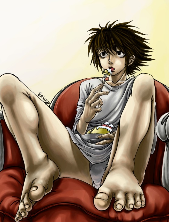ericulf, l (death note), death note, 00s, 1boy, bags under eyes, black hair, bottomless, briefs, bulge, cake, couch, feet, food, male focus, male underwear, pastry, solo, toes, underwear, white male underwear