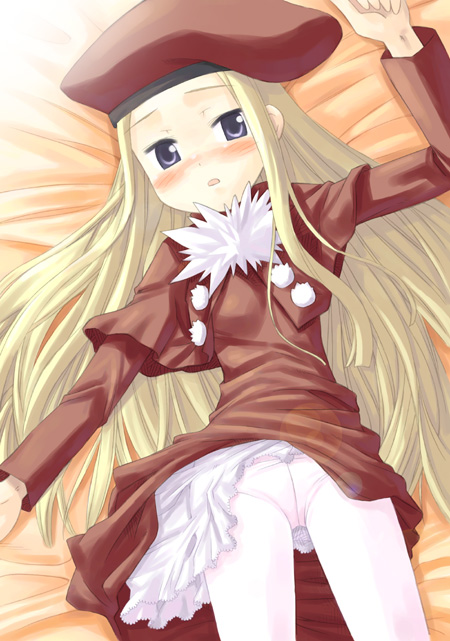 minami juujisei, belfraw martini, summon night, summon night 3, 1girl, beret, blush, brown hat, crotch seam, female focus, hat, loli, lying, on back, panties, panties under pantyhose, pantyhose, pantyshot, solo, underwear, white pantyhose
