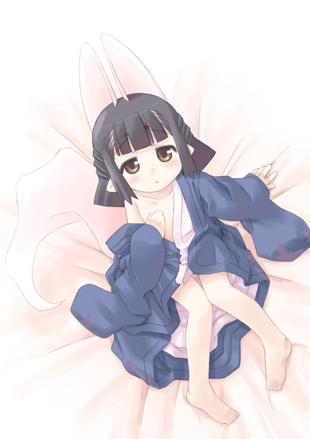 minami juujisei, hasaha, summon night, summon night 2, 1girl, animal ears, barefoot, black hair, blue kimono, elf, extra ears, female focus, fox ears, japanese clothes, kimono, open clothes, pointy ears, short hair, solo, tail, yellow eyes, yukata