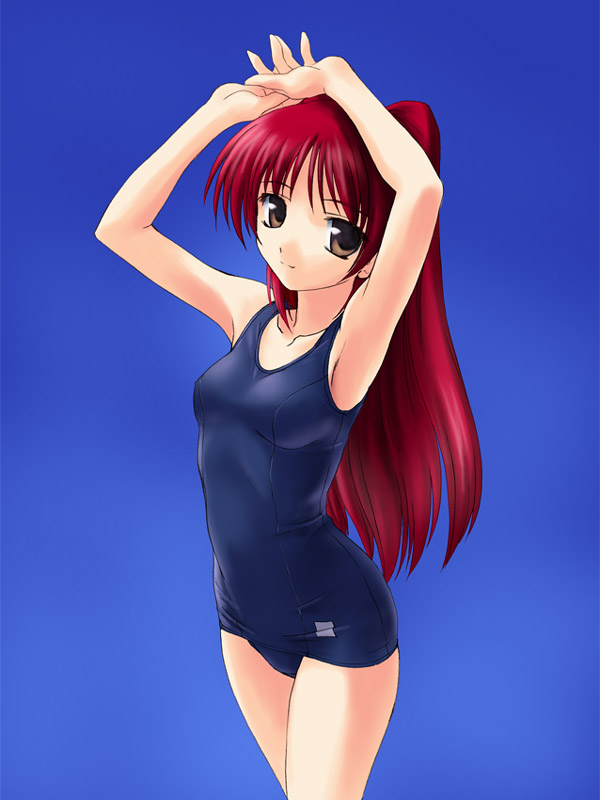norizou type-r, kousaka tamaki, to heart (series), to heart 2, 00s, armpits, blue background, blue one-piece swimsuit, brown eyes, competition school swimsuit, one-piece swimsuit, ponytail, red hair, school swimsuit, simple background, solo, standing, swimsuit