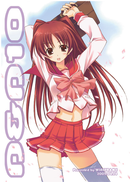 yuuki hagure, kousaka tamaki, to heart (series), to heart 2, 00s, 1girl, 2005, blush, brown eyes, clothes lift, crop top, crop top overhang, dated, female focus, long hair, looking at viewer, midriff, miniskirt, navel, pleated skirt, red hair, school uniform, serafuku, skirt, skirt lift, solo, thighhighs, white thighhighs, wind, wind lift, zettai ryouiki