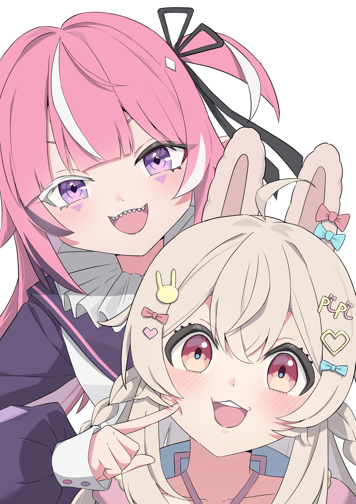 takanokaiii, camila (vtuber), pipkin pippa, indie virtual youtuber, phase connect, highres, 2girls, ahoge, animal ears, black ribbon, blue bow, blush, bow, braid, cheek poking, collarbone, ear bow, facial mark, hair bow, hair ornament, hair ribbon, heart, heart hair ornament, long sleeves, multicolored hair, multiple girls, pink bow, pink eyes, pink hair, poking, purple hair, rabbit ears, rabbit girl, rabbit hair ornament, ribbon, sharp teeth, streaked hair, teeth, twin braids, upper body, upper teeth only, virtual youtuber, white background, white hair