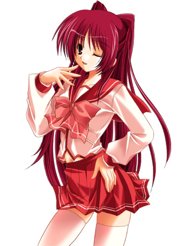 nanami ayane, kousaka tamaki, to heart (series), to heart 2, lowres, 00s, 1girl, brown eyes, female focus, miniskirt, one eye closed, pleated skirt, red hair, school uniform, serafuku, simple background, skirt, solo, thighhighs, white thighhighs, wink, zettai ryouiki