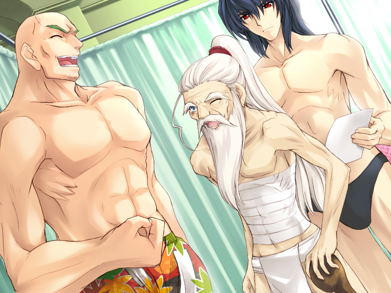 onigirikun, kurasawa atsutane, nei gershwin, sanada kanryuusai, pastel chime, pastel chime continue, eyebrows, game cg, source request, 3boys, :d, ^ ^, abs, age difference, bald, bandages, beard, black hair, black male swimwear, black swim briefs, blue eyes, blue hair, cane, clenched hand, closed eyes, curtains, dutch angle, facial hair, fundoshi, green hair, hair between eyes, happy, high ponytail, holding, indoors, japanese clothes, laughing, leaf print, long hair, male focus, male swimwear, missing tooth, multiple boys, muscular, old, old man, one-eyed, one eye closed, open mouth, paper, ponytail, print male swimwear, print swim trunks, print swimsuit, privacy screen, red eyes, red male swimwear, red swim trunks, sarashi, scrunchie, skinny, smile, standing, swim briefs, swim trunks, swimsuit, topless male, upper body, white hair, white male swimwear, wink, yaoi