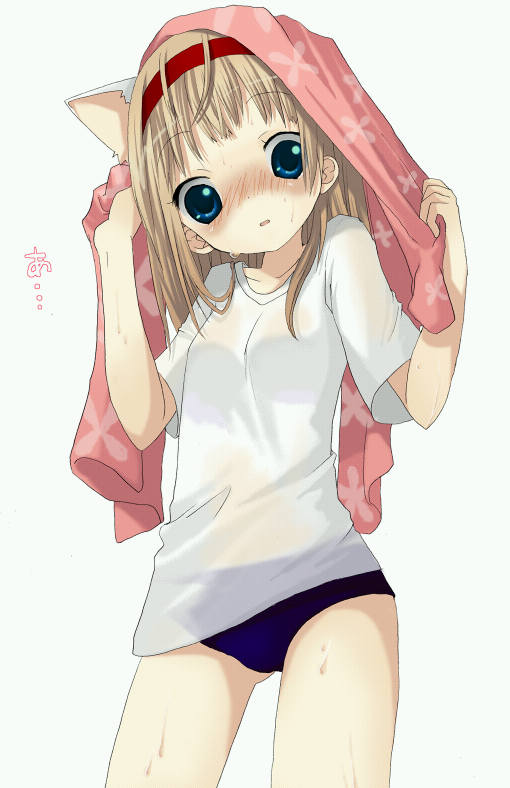 namori, uematsu koboshi, original, pita ten, 1girl, animal ears, blouse, buruma, cat ears, child, cowboy shot, female focus, gym uniform, hairband, shirt, simple background, solo, towel, towel on head, white background, white shirt