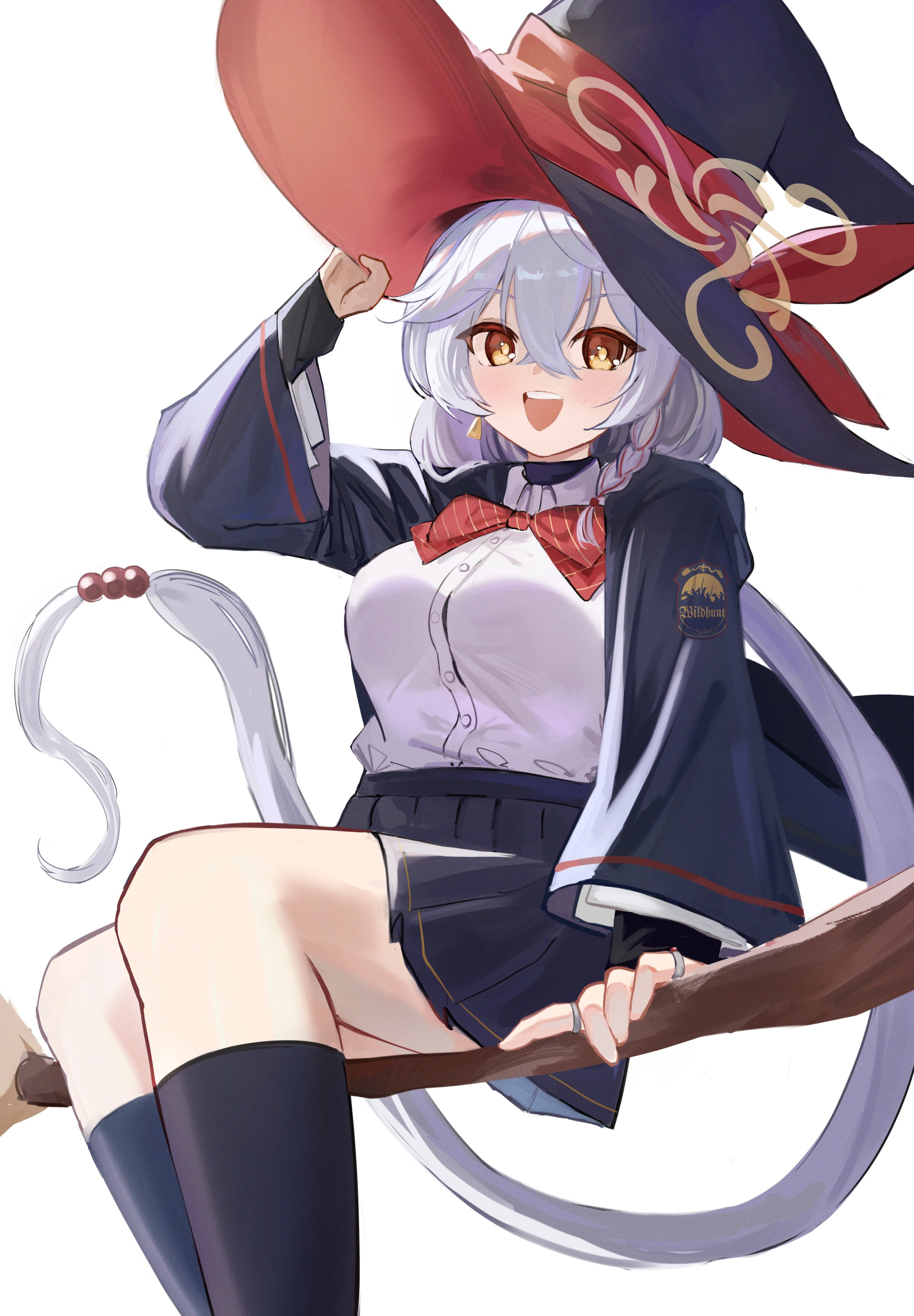 hakotheboxxx, eri (blue archive), blue archive, :d, ankle socks, bow, bowtie, braid, broom, broom riding, broomstick, earrings, halo, hat, jacket, jewelry, long coat, long hair, open mouth, orange eyes, shirt, skirt, smile, socks, sweater, white hair, wing, witch hat