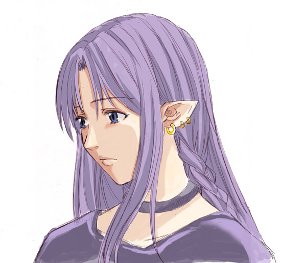 toshibou (satsukisou), medea (caster) (fate), medea (fate), fate/stay night, fate (series), 00s, blue eyes, ear piercing, earrings, jewelry, long hair, piercing, pointy ears, purple hair, solo