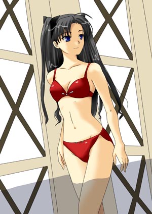 mikami mika, tohsaka rin, fate/stay night, fate (series), lowres, 00s, 1girl, bikini, black hair, blue eyes, bow, breasts, day, female focus, hair bow, hair ribbon, long hair, red bikini, ribbon, small breasts, solo, swimsuit, twintails, two side up, walking