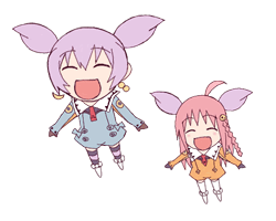 chiko, emoncake., nono (top wo nerae 2!), tycho science, azumanga daiou, top wo nerae! (series), top wo nerae 2!, animated, animated gif, lowres, chibi, chibi only, crossover, head wings, parody, romper, short twintails, twintails, wings