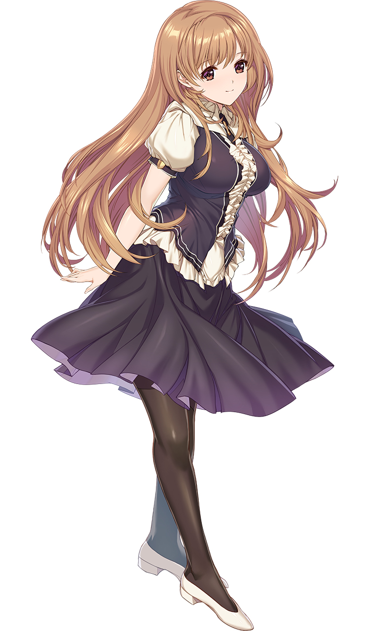 min-naraken, kamishiro kotone, choukou (alicesoft), choukou taisen escalation heroines, oyako rankan, highres, official art, 1girl, black dress, black thighhighs, breasts, brown eyes, dress, full body, large breasts, long hair, orange hair, pantyhose, shoes, smile, tachi-e, thighhighs, white shoes
