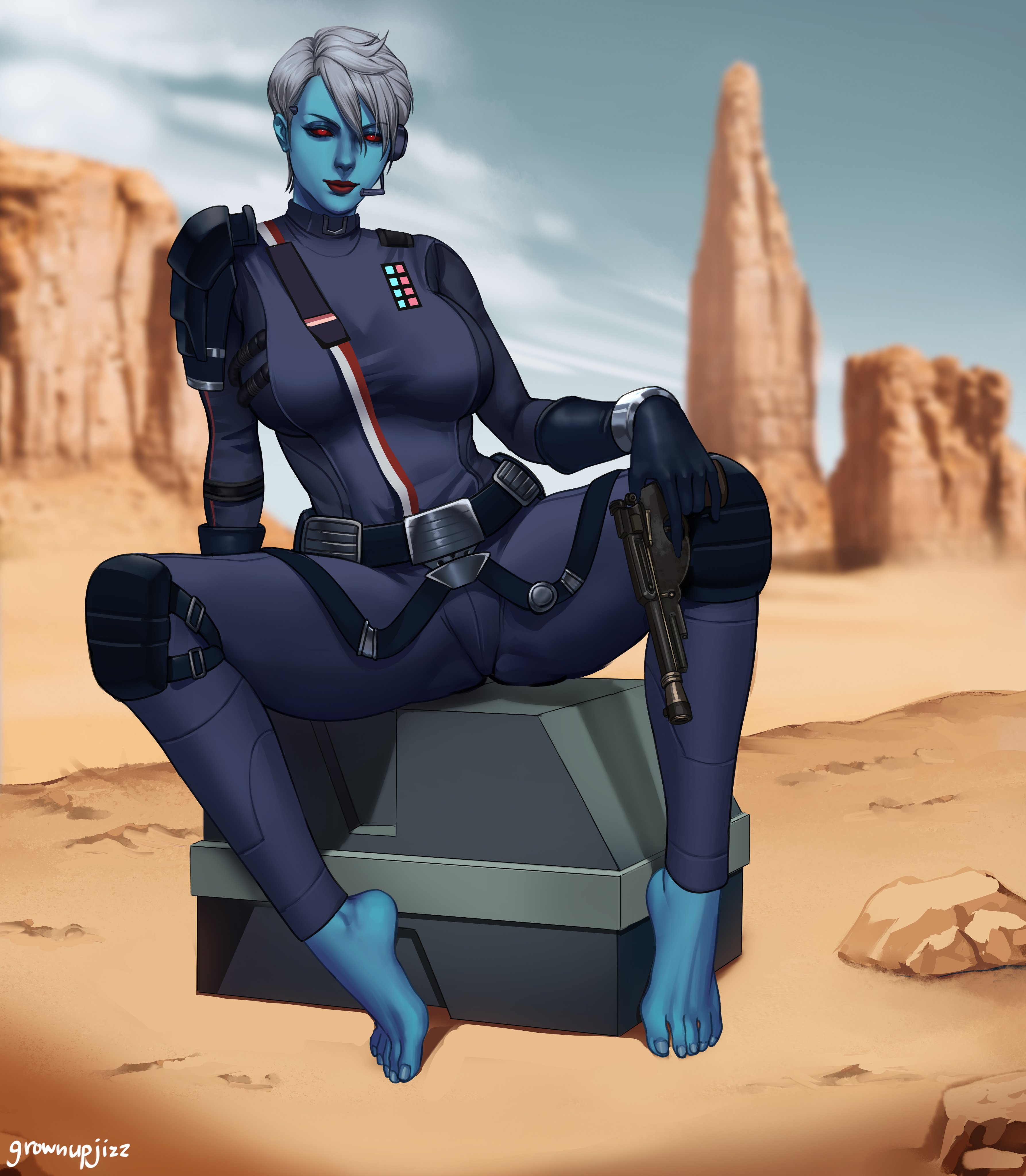 grownupjizz, chiss, star wars, absurdres, highres, 1girl, alien, armor, blue bodysuit, blue skin, blurry, blurry background, bodysuit, colored skin, day, depth of field, desert, grey hair, gun, handgun, holding, holding gun, holding weapon, knee pads, looking at viewer, outdoors, pauldrons, red eyes, short hair, shoulder armor, single pauldron, sitting, solo, weapon