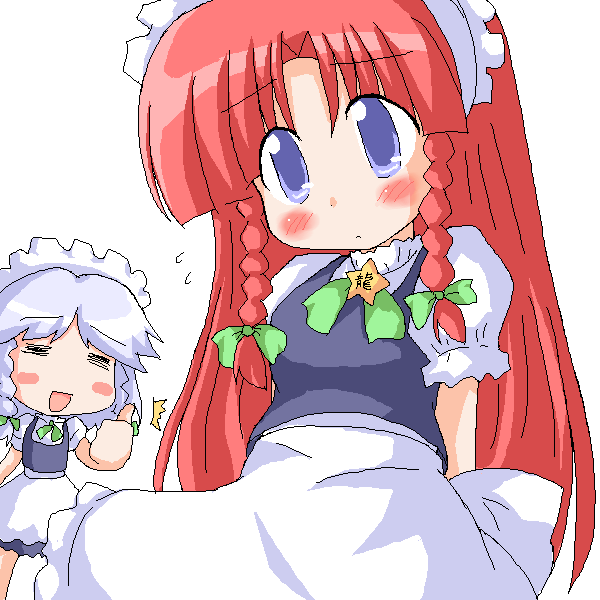 geetsu, hong meiling, izayoi sakuya, embodiment of scarlet devil, touhou, silver hair, 2girls, :<, = =, ^^^, alternate costume, apron, arms behind back, blue eyes, blush, blush stickers, bow, braid, cosplay, enmaided, female focus, frown, hair bow, izayoi sakuya (cosplay), long hair, maid, maid apron, maid headdress, multiple girls, red hair, short hair, star (symbol), thumbs up, twin braids