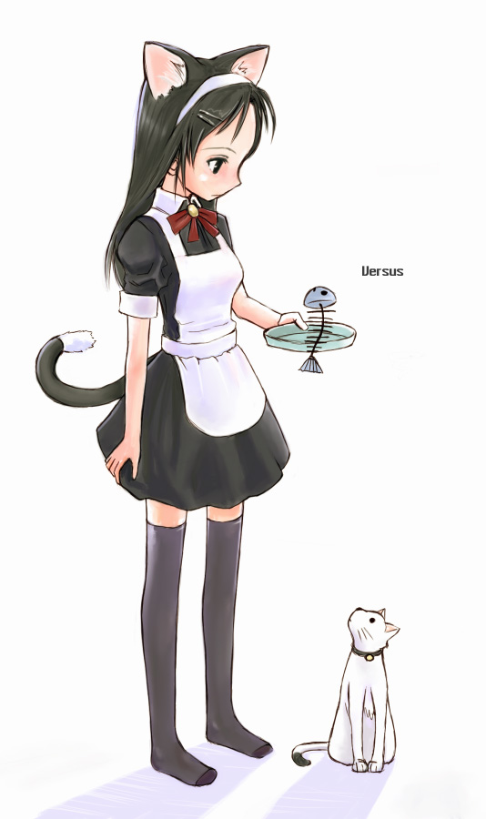 1girl, animal ears, black thighhighs, cat, cat ears, cat tail, extra ears, female focus, fish skeleton, hair ornament, hairband, hairclip, maid, skeleton, solo, tail, thighhighs