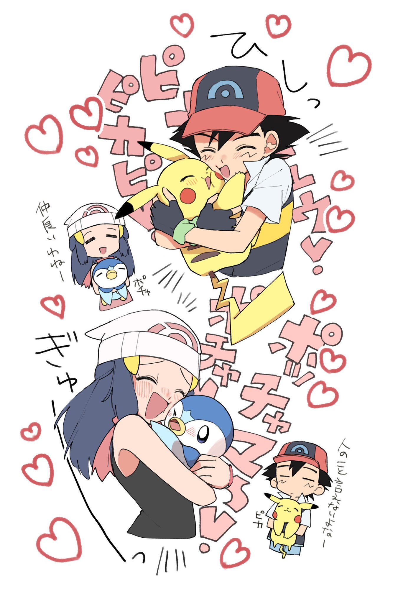 hanabi (yuruneko0624), ash ketchum, dawn (pokemon), pikachu, piplup, nintendo, pokemon, pokemon (anime), pokemon dppt (anime), commentary, highres, symbol-only commentary, 1boy, 1girl, black hair, blue hair, blush, closed eyes, fingerless gloves, gen 1 pokemon, gen 4 pokemon, gloves, hat, heart, holding, holding pokemon, long hair, open mouth, pokemon (creature), scarf, short sleeves, sleeveless