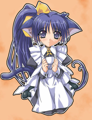 itou noemi, with you, lowres, 00s, 1girl, animal ears, blue eyes, blue hair, bow, cat ears, female focus, long hair, matching hair/eyes, ponytail, solo, tea, yellow bow