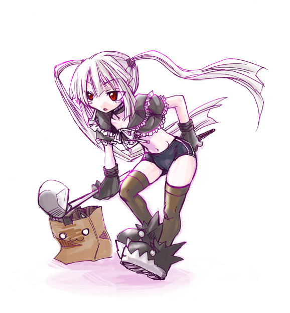 kobayashi tetsuya, kooh (pangya), papel (pangya), pangya, 1girl, black thighhighs, buruma, cameltoe, catbag, female focus, frills, golf, gym uniform, midriff, red eyes, shoes, solo, thighhighs, twintails, white hair