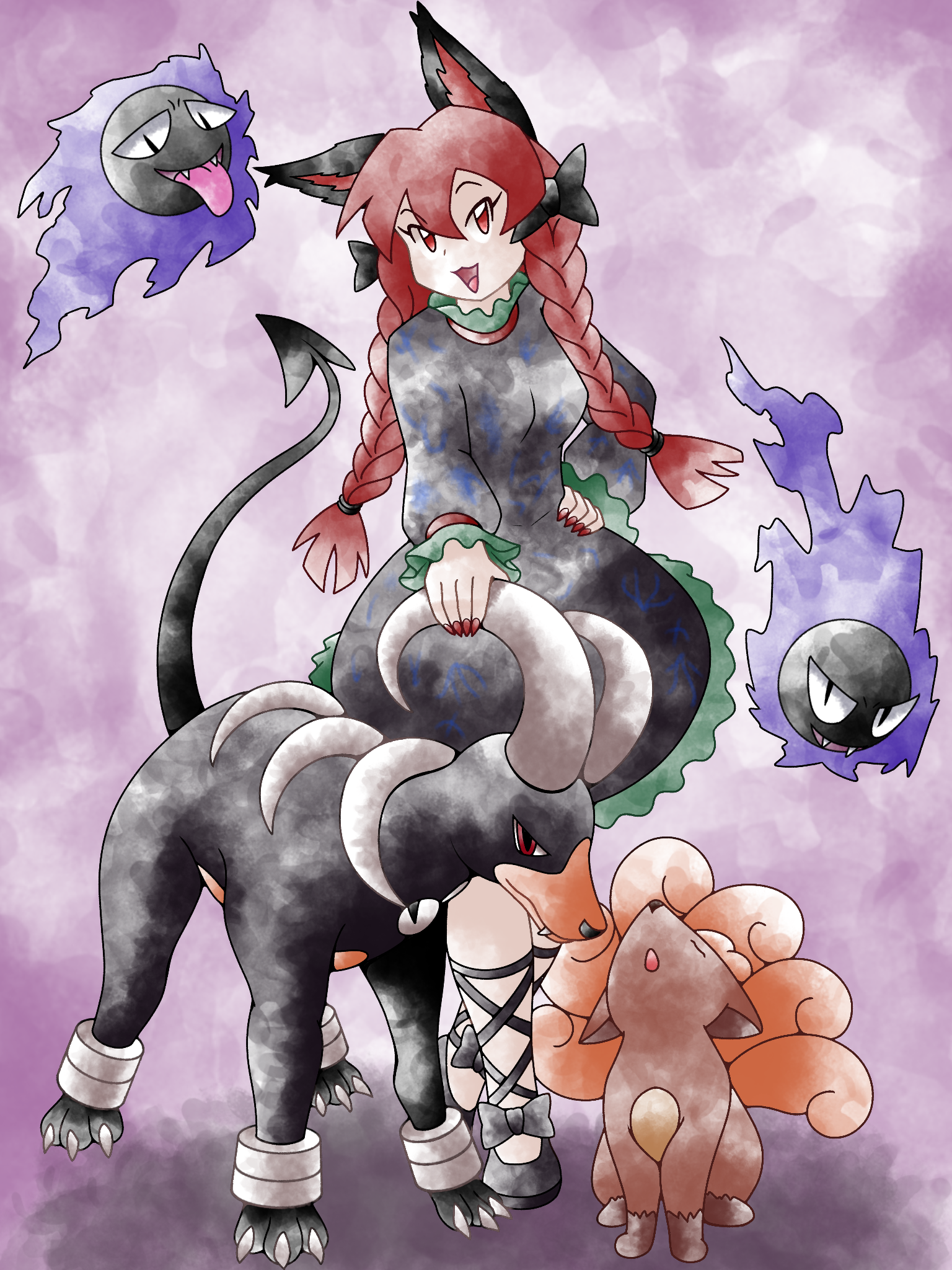 greatmothsucks, gastly, houndoom, kaenbyou rin, vulpix, nintendo, pokemon, touhou, highres, 1girl, animal ears, black bow, black dress, bow, braid, cat ears, cat girl, dress, full body, gen 1 pokemon, gen 2 pokemon, hair bow, looking at viewer, nekomata, pokemon (creature), red eyes, red nails, side braids, sugimori ken (style), twin braids