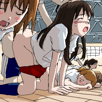 tyler garden, kasuga ayumu, mihama chiyo, azumanga daiou, copyright request, lowres, 4boys, 4girls, all fours, blush, brown hair, buruma, class, classroom, closed eyes, clothed sex, clothes pull, doggystyle, female orgasm, flat chest, group sex, gym, gym uniform, hetero, lineup, loli, multiple boys, multiple girls, oekaki, open mouth, orgasm, orgy, school, sex, sex from behind, skirt, skirt pull, sweat, top-down bottom-up, vaginal