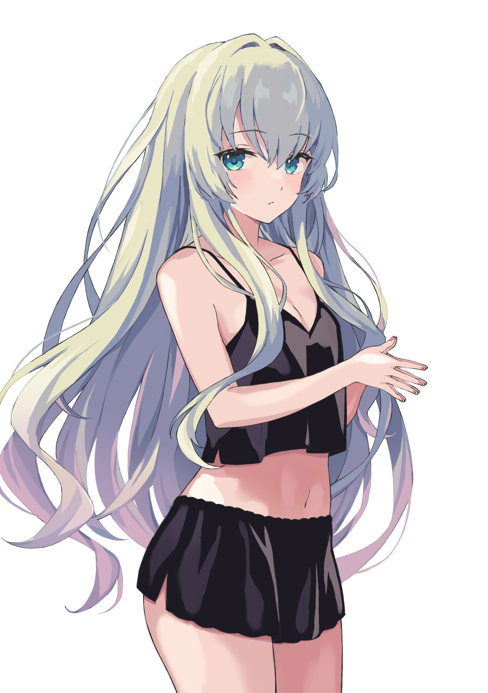 rasahan, original, highres, 1girl, bare arms, bare shoulders, black camisole, breasts, camisole, cleavage, closed mouth, crop top, green eyes, green hair, hair between eyes, hair intakes, looking at viewer, navel, simple background, small breasts, solo, steepled fingers, white background