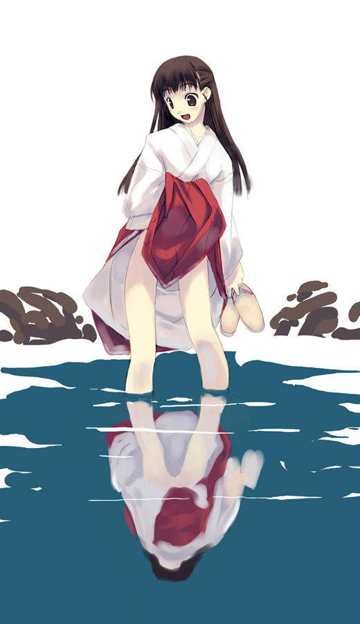 murakami suigun, original, 1girl, :d, brown eyes, brown hair, clothes lift, female focus, hakama, hakama skirt, holding, holding shoes, holding unworn clothes, japanese clothes, long hair, miko, no panties, open mouth, pale skin, red hakama, reflection, reflective water, sandals, shoes, simple background, skirt, skirt lift, smile, solo, unworn shoes, wading, water, zouri