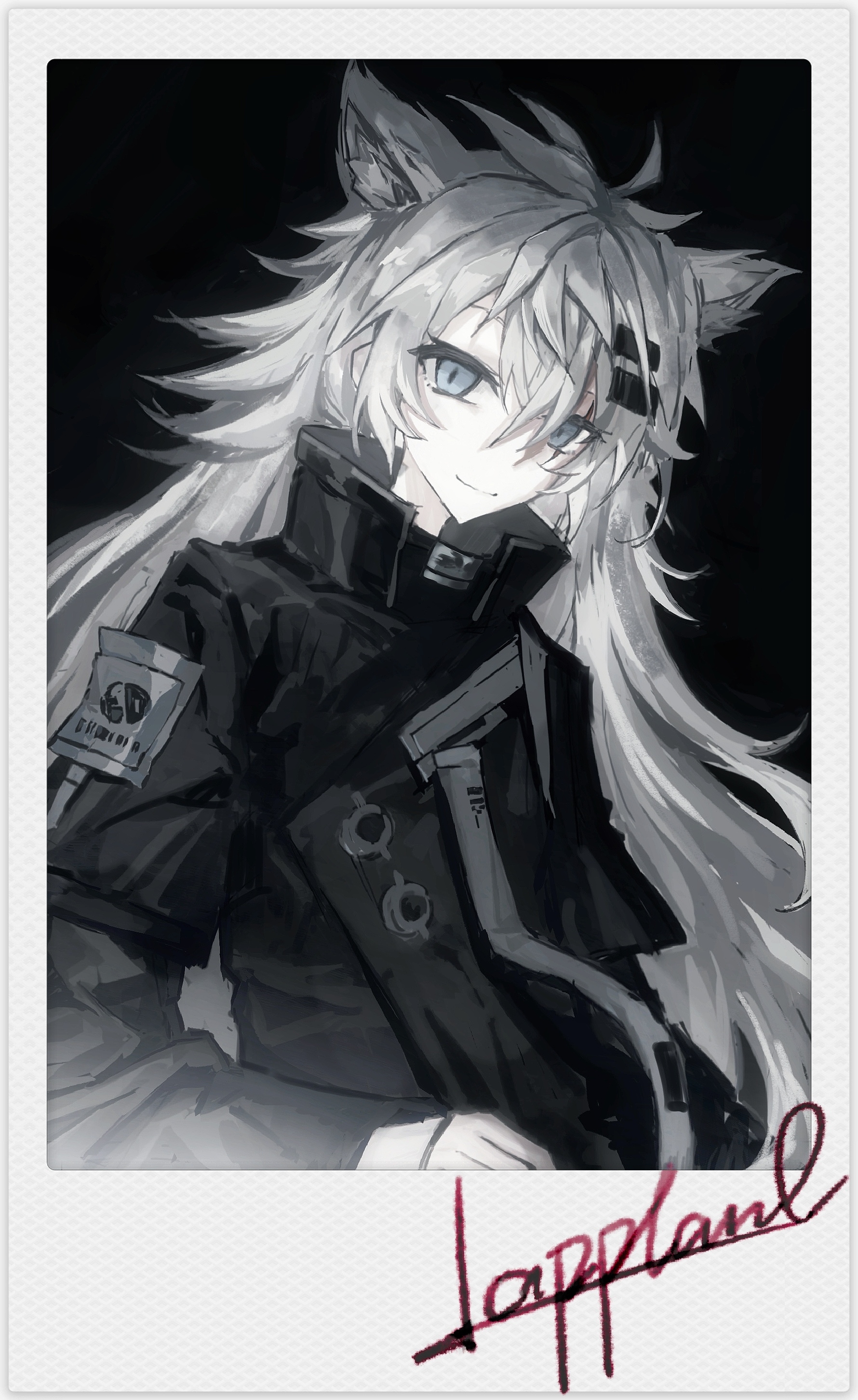 lappland (arknights), lappland (refined horrormare) (arknights), arknights, absurdres, highres, 1girl, animal ears, black background, black jacket, border, character name, closed mouth, grey eyes, grey hair, hair ornament, hairclip, high collar, jacket, light smile, long hair, long sleeves, looking at viewer, nameless57847, official alternate costume, simple background, solo, upper body, white border, wolf ears, wolf girl