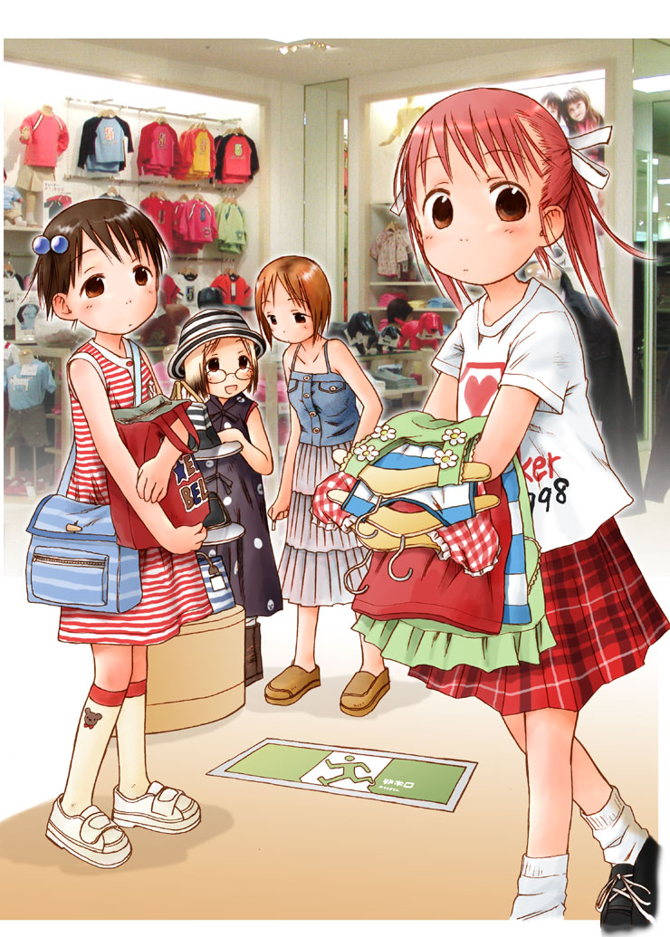 barasui, itou chika, itou nobue, matsuoka miu, sakuragi matsuri, ichigo mashimaro, 4girls, blonde hair, brown hair, camisole, child, cigarette, clothes hanger, collarbone, dress, expressionless, full body, glasses, gradient hair, holding, indoors, kneehighs, leggings, looking at viewer, loose socks, multicolored hair, multiple girls, photo background, plaid clothes, plaid skirt, shirt, shoes, shop, shopping, short hair, siblings, sign, sisters, skirt, sleeveless, sleeveless dress, socks, t-shirt, twintails