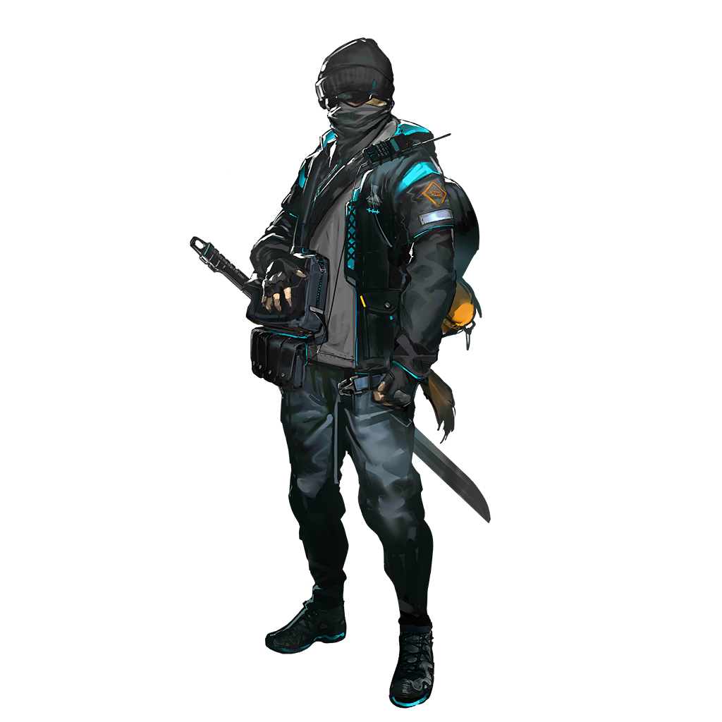 arknights, official art, third-party source, 1boy, backpack, bag, beanie, black gloves, black jacket, black shoes, blue pants, covered face, denim, fingerless gloves, full body, gloves, goggles, grey shirt, hat, jacket, jeans, long sleeves, male focus, pants, rhodes island beanie guard operator (arknights), shirt, shoes, shoulder bag, simple background, solo, standing, sword, tachi-e, tail, transparent background, walkie-talkie, weapon