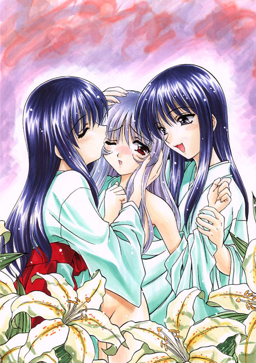 himekawa kotone, kurusugawa ayaka, kurusugawa serika, to heart, to heart (series), 3girls, blush, closed eyes, flower, hand on another's face, holding another's wrist, japanese clothes, kiss, kissing eye, lily (flower), miko, multiple girls, one eye closed, siblings, sisters, smile, twins, undressing, yuri