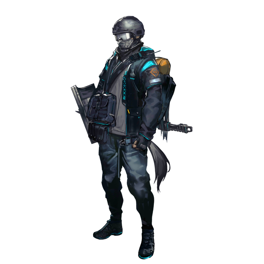 reserve operator vanguard (arknights), arknights, official art, third-party source, 1boy, backpack, bag, black gloves, black jacket, black shoes, blue pants, covered face, denim, fingerless gloves, full body, gloves, goggles, grey shirt, helmet, jacket, jeans, long sleeves, male focus, pants, shirt, shoes, shoulder bag, simple background, solo, standing, tachi-e, tail, transparent background, walkie-talkie