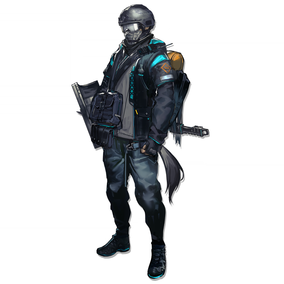 reserve operator vanguard (arknights), arknights, official art, third-party source, 1boy, backpack, bag, black gloves, black jacket, black shoes, blue pants, covered face, denim, fingerless gloves, full body, gloves, goggles, grey shirt, helmet, holding, holding shield, jacket, jeans, long sleeves, male focus, pants, shield, shirt, shoes, shoulder bag, simple background, solo, standing, tachi-e, tail, transparent background, walkie-talkie