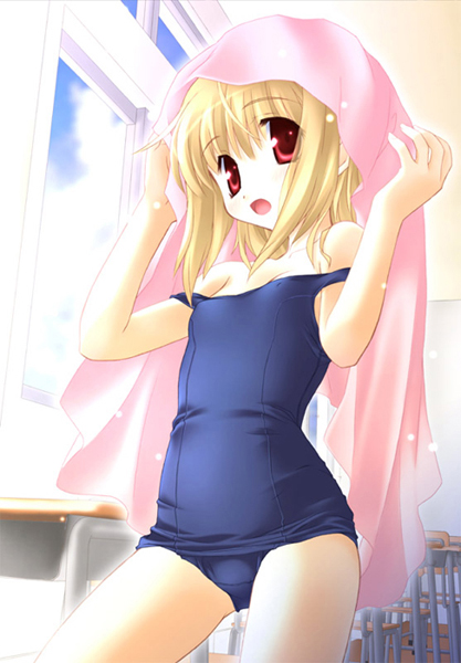 aoi kumiko, copyright request, 1girl, bare shoulders, blonde hair, blue one-piece swimsuit, blue school swimsuit, breasts, classroom, cloud, collarbone, desk, female focus, indoors, looking at viewer, one-piece swimsuit, open mouth, red eyes, school, school swimsuit, short hair, sky, small breasts, solo, strap slip, swimsuit, towel, towel on head, window