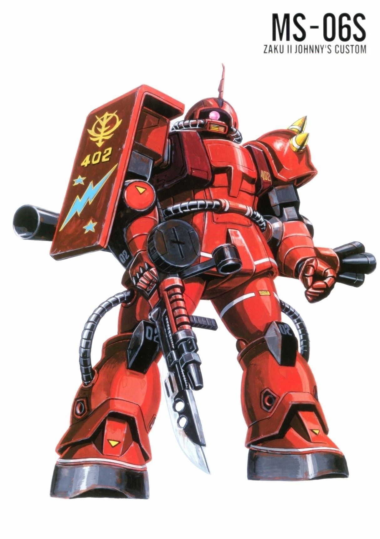 ookawara kunio, zaku ii, zaku ii s, gundam, gundam msv, msv-r: the return of johnny ridden, 1980s (style), highres, magazine scan, official art, painting (medium), scan, traditional media, bayonet, bazooka (gundam), cable, gun, holding, holding gun, holding weapon, machine gun, machinery, mecha, mecha focus, mobile suit, no humans, oldschool, one-eyed, pink eyes, radio antenna, realistic, retro artstyle, robot, roundel, science fiction, shield, shoulder spikes, solo, spikes, weapon, zaku ii s johnny ridden custom, zeon