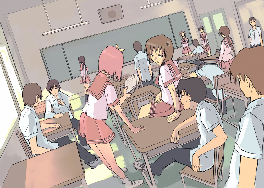 shihira tatsuya, kamigishi akari, nagaoka shiho, to heart, to heart (series), white legwear, 6+boys, 6+girls, blouse, braid, chalkboard, classroom, collared shirt, desk, door, indoors, long hair, miniskirt, multiple boys, multiple girls, own hands together, pleated skirt, school, school desk, school uniform, serafuku, shirt, sitting, skirt, socks, standing, very long hair, white shirt