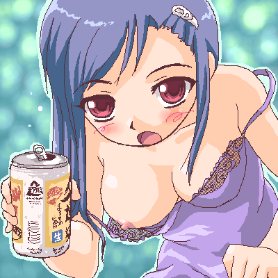 toushi ryoku, lowres, 1girl, alcohol, beer, blue hair, blush, breasts, downblouse, drunk, female focus, hair ornament, hairclip, large breasts, lingerie, nipple slip, nipples, oekaki, open mouth, red eyes, solo, strap slip, underwear