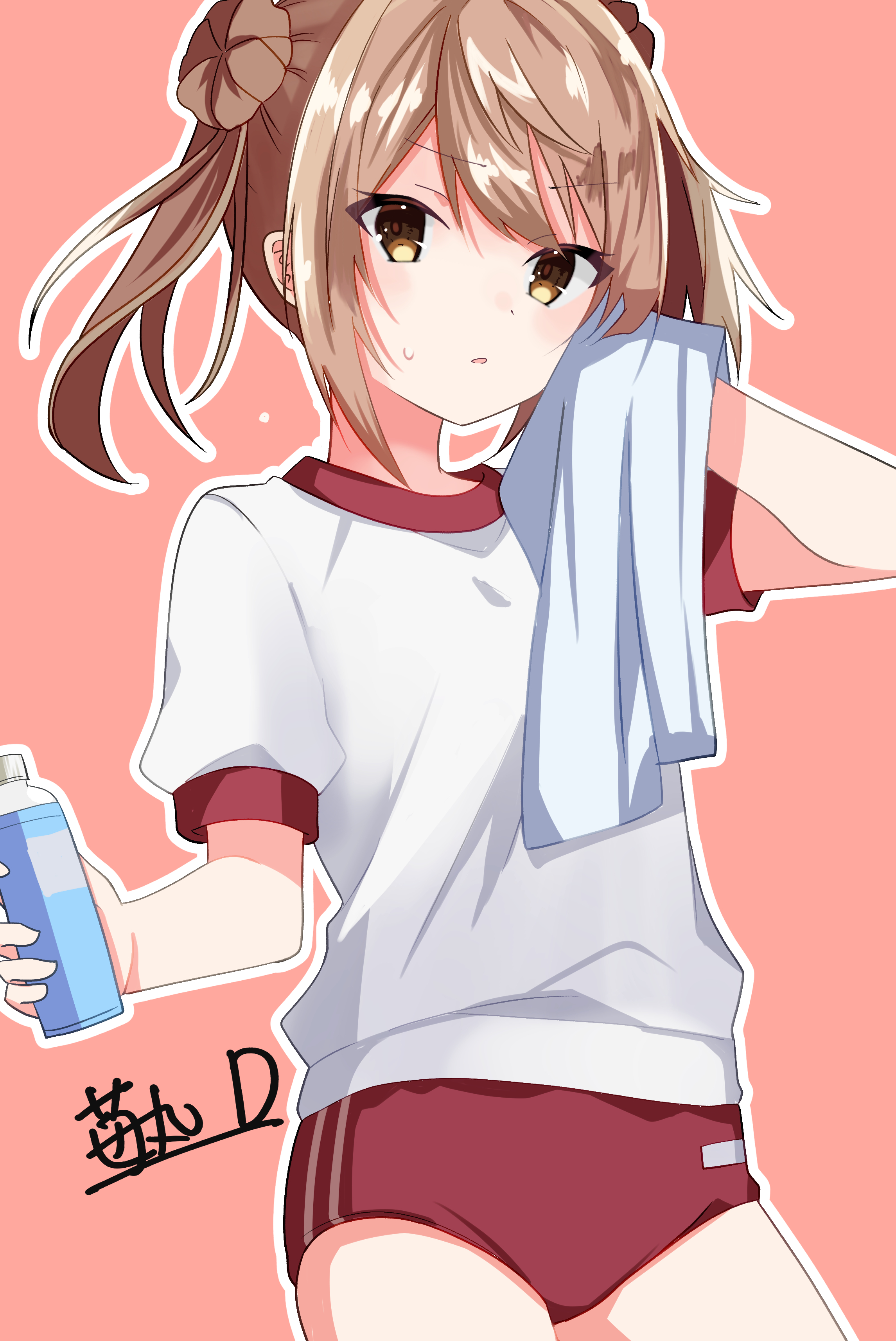 ichigomaru d, michishio (kancolle), kantai collection, absurdres, highres, 1girl, blush, bottle, brown eyes, brown hair, buruma, double bun, gym shirt, gym uniform, hair bun, holding, holding towel, looking at viewer, red buruma, shirt, short hair, short sleeves, short twintails, smile, solo, towel, twintails, water bottle, white shirt