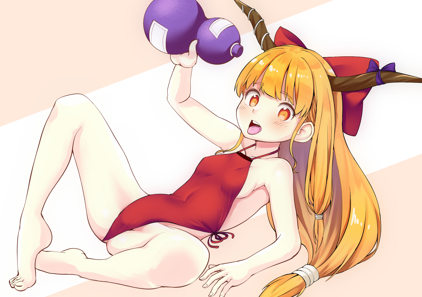 kushidama minaka, ibuki suika, touhou, commentary request, highres, 1girl, blunt bangs, blush, bow, breasts, brown horns, full body, gourd, hair bow, holding, holding gourd, horn bow, horn ornament, horns, long hair, looking at viewer, low-tied long hair, one-piece swimsuit, open mouth, orange eyes, orange hair, pink background, purple bow, reclining, red bow, red one-piece swimsuit, sideboob, small breasts, solo, swimsuit, tongue, tongue out, two-tone background, very long hair, white background