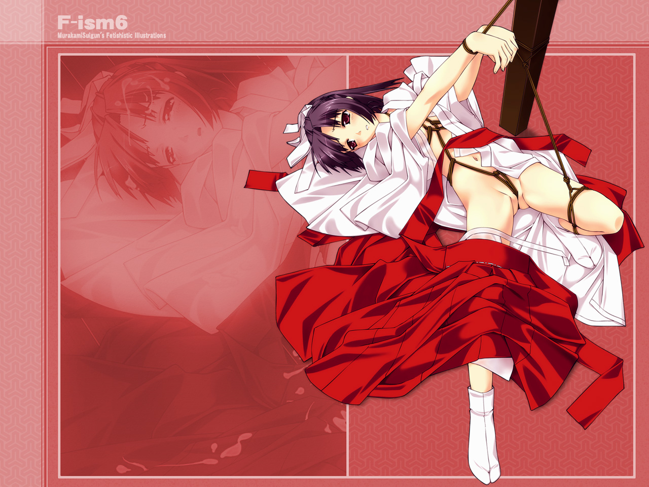 murakami suigun, miko (murakami suigun), f-ism, original, 1girl, bdsm, bondage, bound, crotch rope, female focus, hakama, hakama skirt, japanese clothes, miko, red hakama, shibari, skirt, solo, tabi
