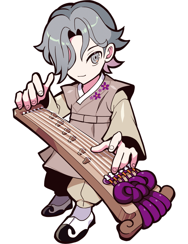 puppeteer7777, crazy raccoon, official art, second-party source, 1boy, anime coloring, baggy pants, baji, black shoes, brown durumagi, brown pants, brown sleeves, ch0r0ng, closed mouth, colored inner hair, durumagi, facing viewer, fingernails, floral print durumagi, full body, gayageum (instrument), gomusin, grey eyes, grey hair, grey socks, hair intakes, hair over one eye, instrument, korean clothes, light smile, long sleeves, male focus, multicolored hair, multicolored shoes, music, one eye covered, pants, playing instrument, shoes, short hair, socks, solo, string, tachi-e, thick lineart, transparent background, two-tone shoes, white shoes, zither