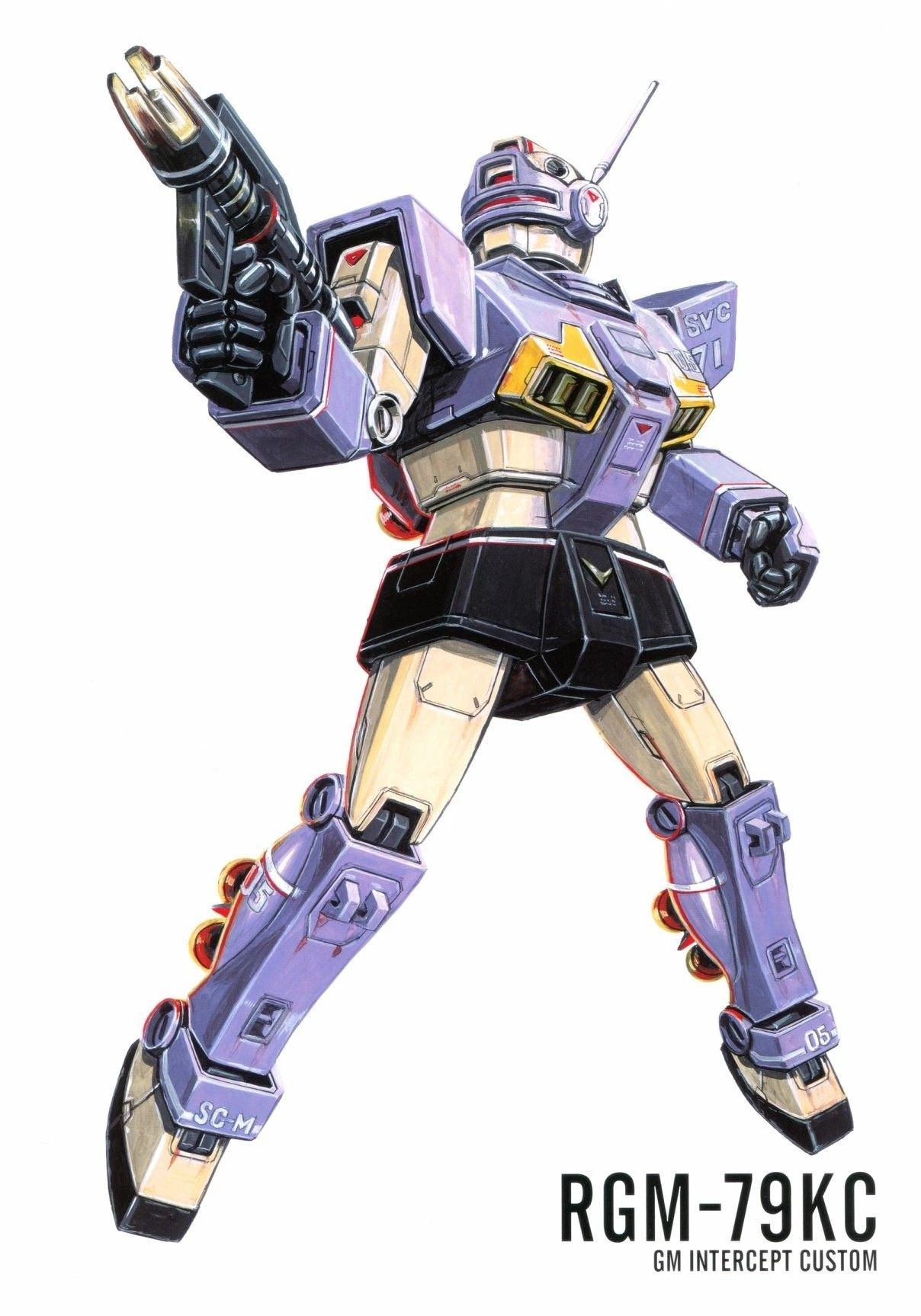 ookawara kunio, gm (mobile suit), gundam, gundam msv, 1980s (style), highres, magazine scan, official art, painting (medium), scan, traditional media, aiming, assault visor, beam gun, character name, gm intercept, machinery, mecha, mecha focus, mobile suit, no humans, oldschool, radio antenna, realistic, red visor, retro artstyle, robot, science fiction, vernier thrusters, white background