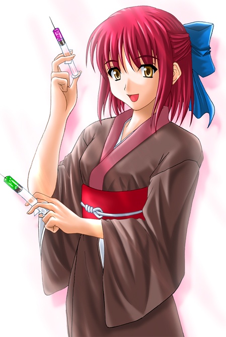 kohaku (tsukihime), tsukihime, 00s, 1girl, female focus, half updo, japanese clothes, kimono, obi, red hair, sash, short hair, solo, syringe, yellow eyes
