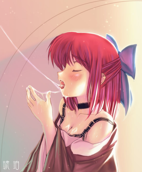 freyja (aquila), freyja (artist), kohaku (tsukihime), tsukihime, 00s, 1girl, black choker, blush, bra, choker, cum, cum in mouth, cum on body, cum on hands, cum on tongue, cum on upper body, cum string, cumdrip, female focus, hair ribbon, lingerie, long sleeves, off shoulder, open mouth, red hair, ribbon, short hair, solo, teeth, underwear, upper teeth only