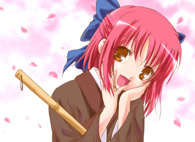 kohaku (tsukihime), tsukihime, 00s, 1girl, bamboo broom, bow, broom, cherry blossoms, female focus, hair bow, half updo, japanese clothes, kimono, pink hair, ribbon, short hair, smile, solo