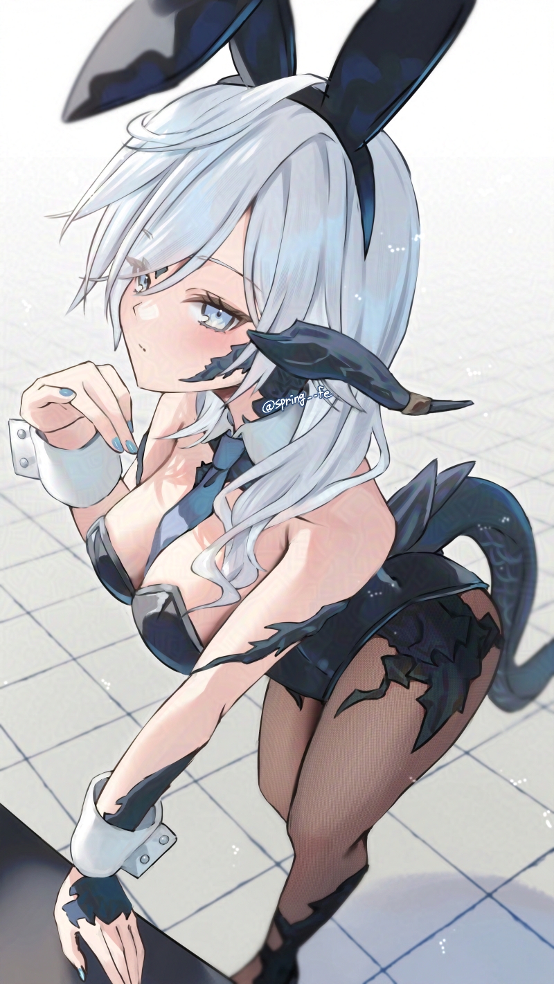 khr 39, warrior of light (ff14), final fantasy, final fantasy xiv, highres, 1girl, animal ears, au ra, bare shoulders, between breasts, black leotard, blue nails, breasts, detached collar, dragon girl, dragon horns, dragon tail, grey eyes, grey hair, horns, leotard, looking at viewer, necktie, necktie between breasts, pantyhose, playboy bunny, rabbit ears, scales, solo, strapless, strapless leotard, tail, twitter username, wrist cuffs