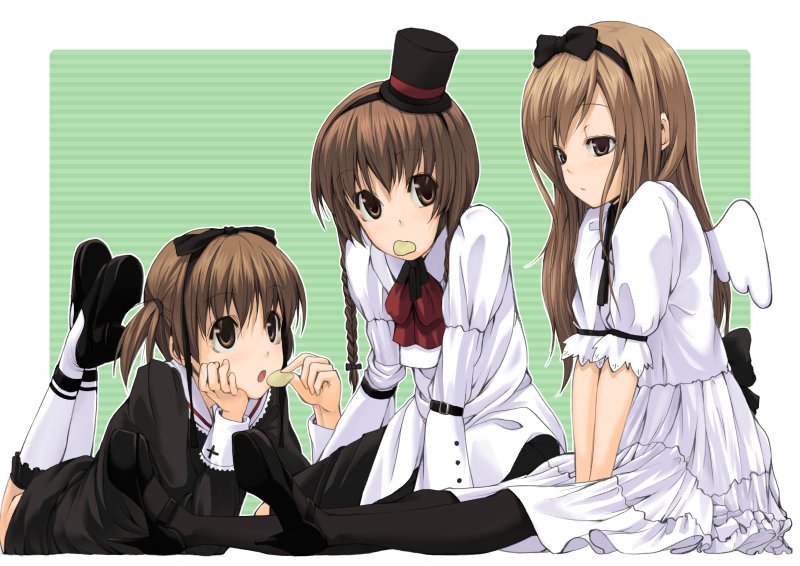 luna (reclaimed land), fukuzawa yumi, shimazu yoshino, toudou shimako, maria-sama ga miteru, 00s, 3girls, braid, brown eyes, brown hair, hat, long hair, mouth hold, multiple girls, short hair, side ponytail, top hat, wings